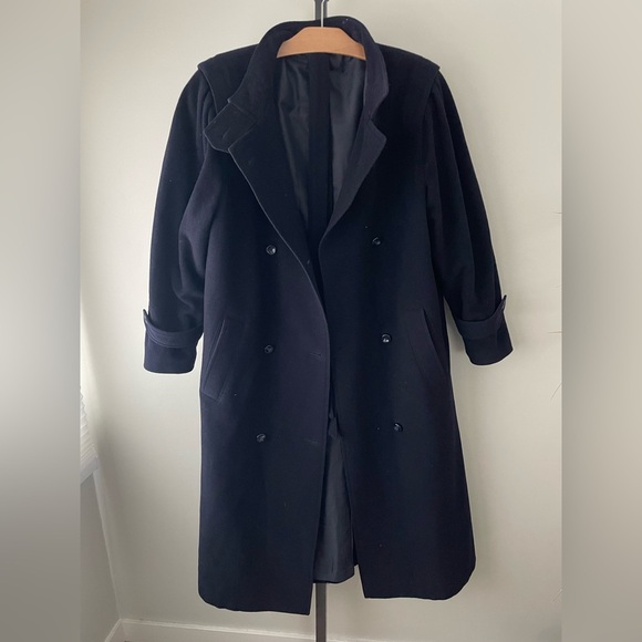 Vintage Wool Cashmere Long Coat Overcoat Maxi Longline Belted Navy Blue Size 12 - Picture 14 of 14